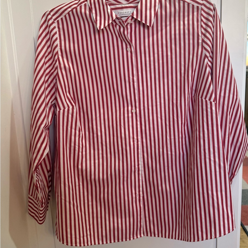 Foxcroft Red, Black and White Striped Women's Button Down Shirt 16W
